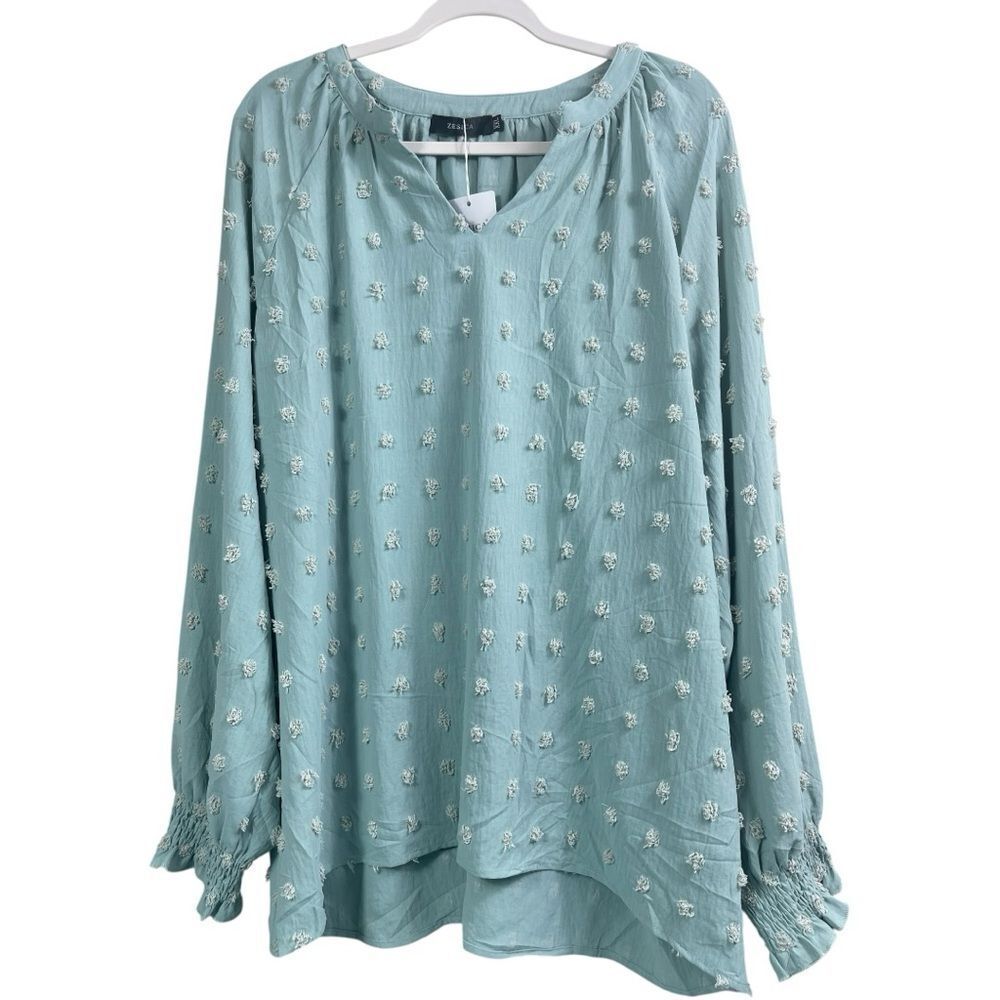 Zesika Mint Green Swiss Dot V-Neck Blouse